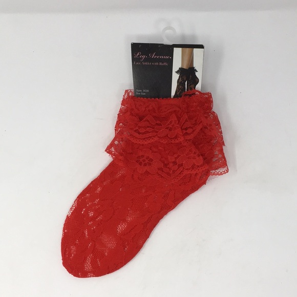 NWT LEG AVENUE LACE ANKLE WITH RUFFLE SOCK RED - Picture 1 of 3